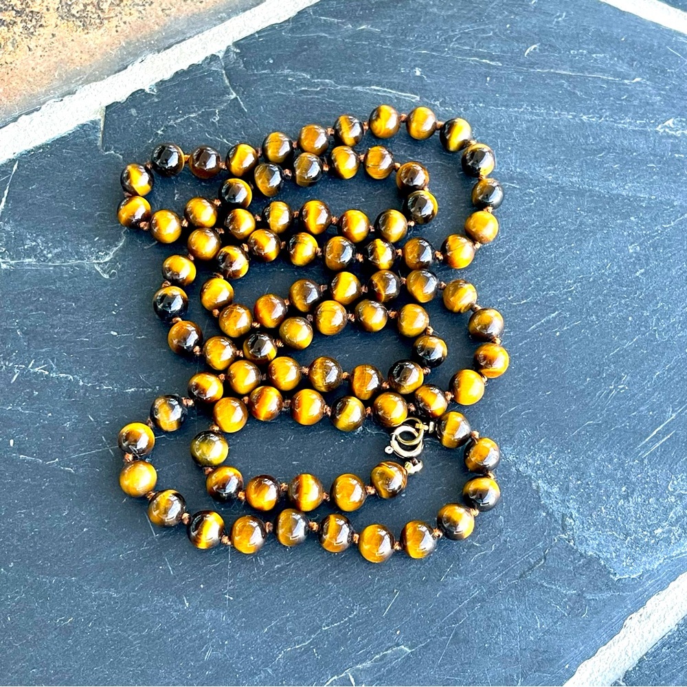Unisex Tigereye beaded necklace 33” long 1/20th 12kt. Gold filled clasp